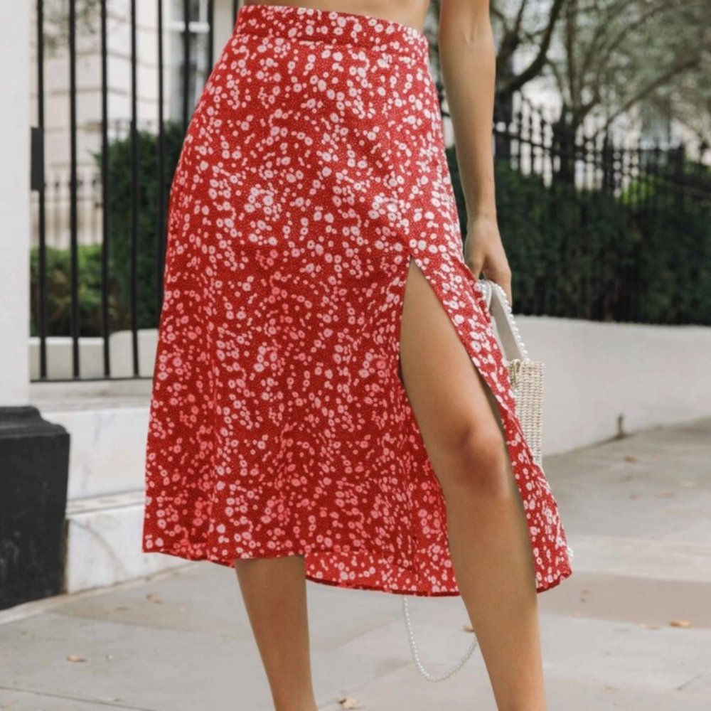 Boho ditsy floral print midi slit skirt GREEN - Picture 14 of 14